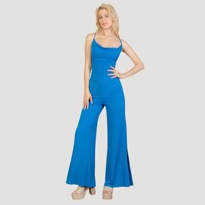 Blue‎ Ribbed Wide Leg Jumpsuit Cowl Neck Lace Up Back Side Slit Small NEW NWT